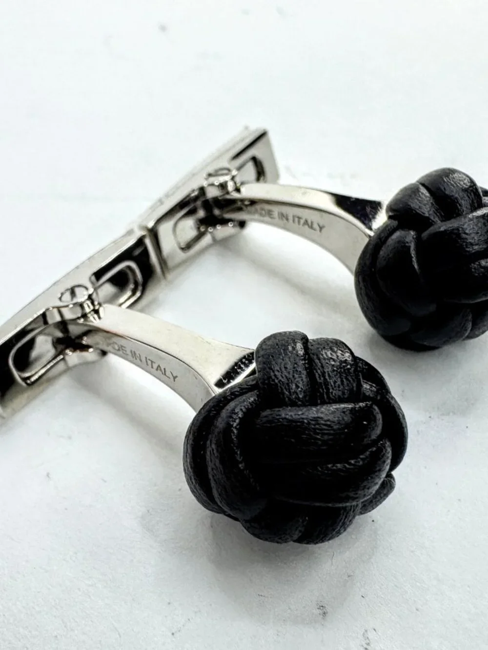 Vintage Hermès Noir Leather Pom-Pom Pompon Knot Cufflinks with Box SS393